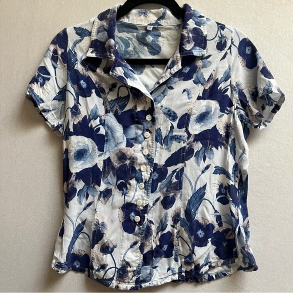 Blue Sky button down floral bamboo short sleeve blouse Sz XS